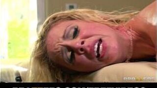 Busty blonde MILF gets an oily massage that turns into sweaty sex porn video